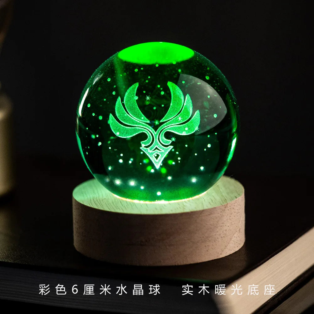 Genshin Impact Vision 3D Engraved Crystal Ball Night Light 6CM With Wooden Warm Light Base Desktop Decor For Anime Game Fans