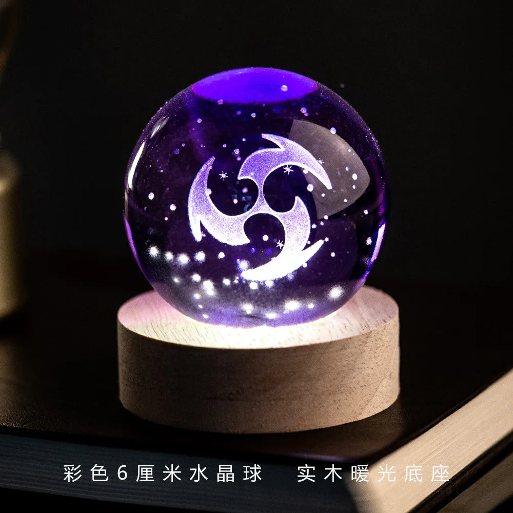 Genshin Impact Vision 3D Engraved Crystal Ball Night Light 6CM With Wooden Warm Light Base Desktop Decor For Anime Game Fans