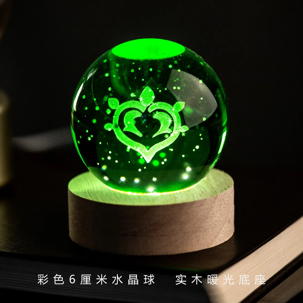 Genshin Impact Vision 3D Engraved Crystal Ball Night Light 6CM With Wooden Warm Light Base Desktop Decor For Anime Game Fans