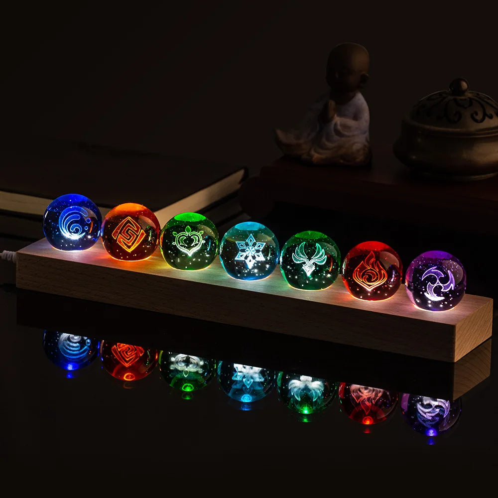 Genshin Impact Vision 3D Engraved Crystal Ball Night Light 6CM With Wooden Warm Light Base Desktop Decor For Anime Game Fans