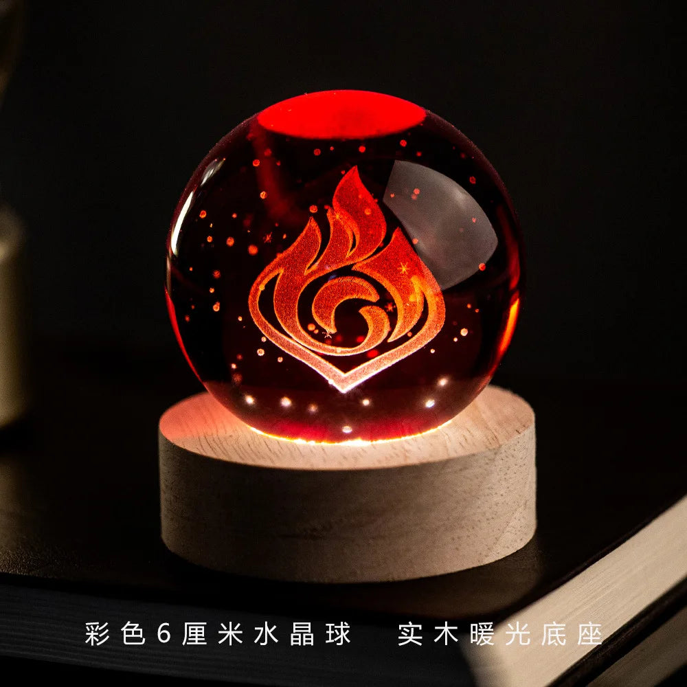 Genshin Impact Vision 3D Engraved Crystal Ball Night Light 6CM With Wooden Warm Light Base Desktop Decor For Anime Game Fans