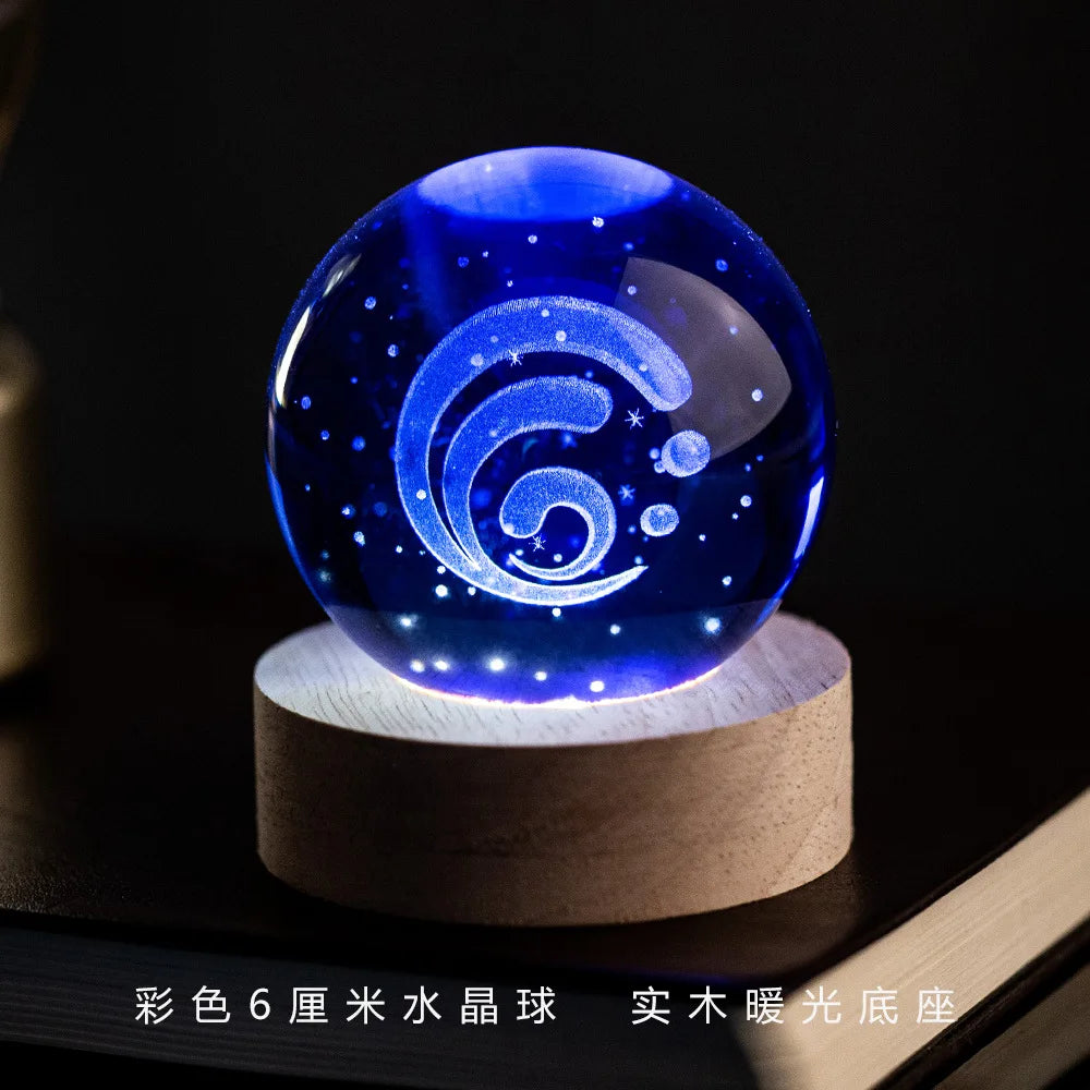 Genshin Impact Vision 3D Engraved Crystal Ball Night Light 6CM With Wooden Warm Light Base Desktop Decor For Anime Game Fans