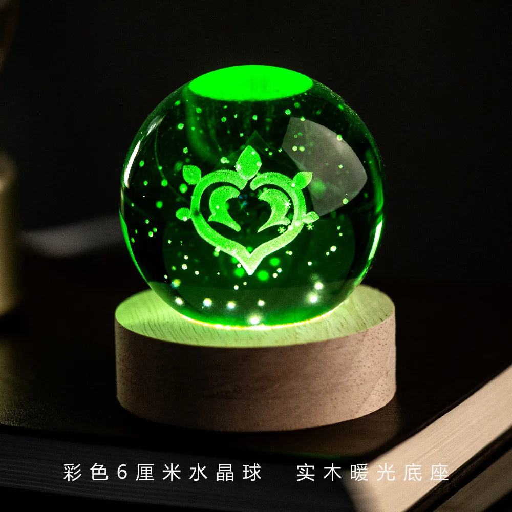 Genshin Impact Vision 3D Engraved Crystal Ball Night Light 6CM With Wooden Warm Light Base Desktop Decor For Anime Game Fans