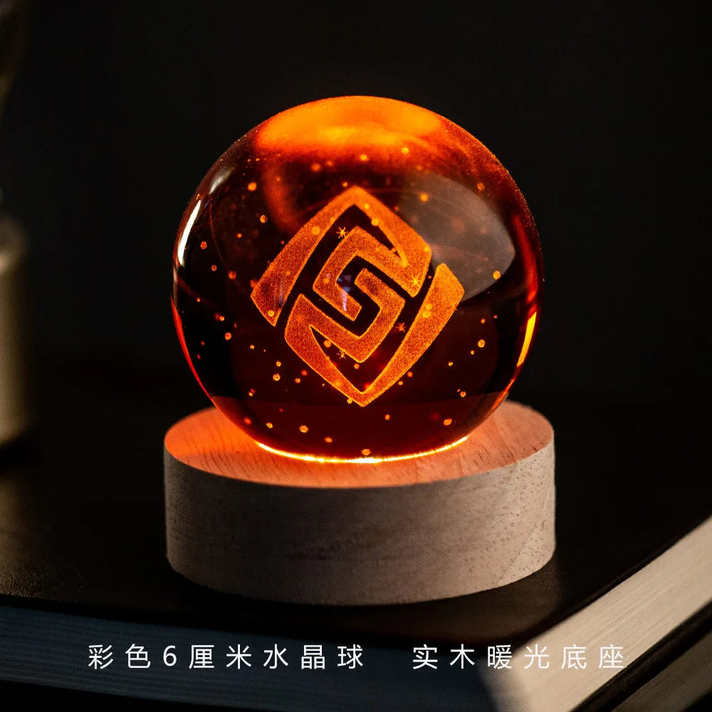 Genshin Impact Vision 3D Engraved Crystal Ball Night Light 6CM With Wooden Warm Light Base Desktop Decor For Anime Game Fans